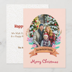 Elegant Floral Wreath Blush Pink Photo Christmas Holiday Card