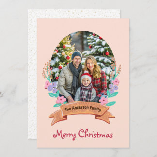 Elegant Floral Wreath Blush Pink Photo Christmas Holiday Card