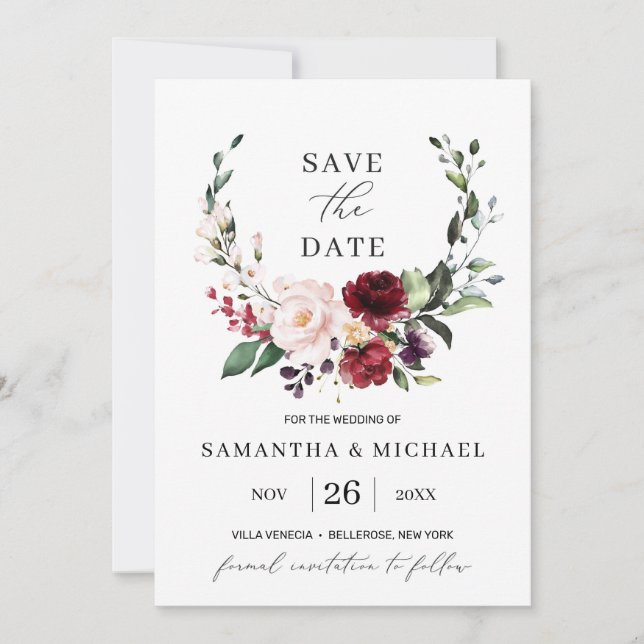 Elegant floral wreath burugndy eucalyptus wedding invitation (Front)