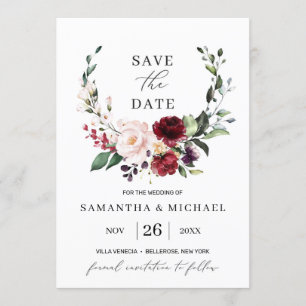 Elegant floral wreath burugndy eucalyptus wedding invitation
