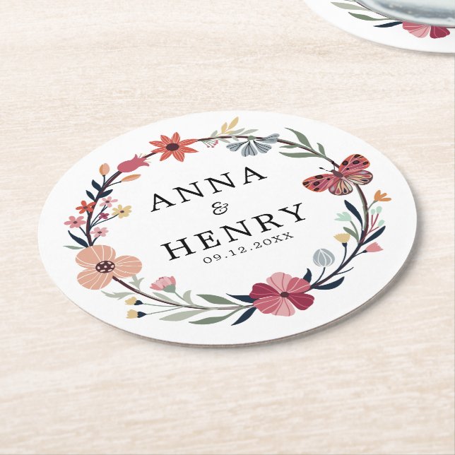 Elegant Floral Wreath Butterfly Wedding Round Paper Coaster (Angled)