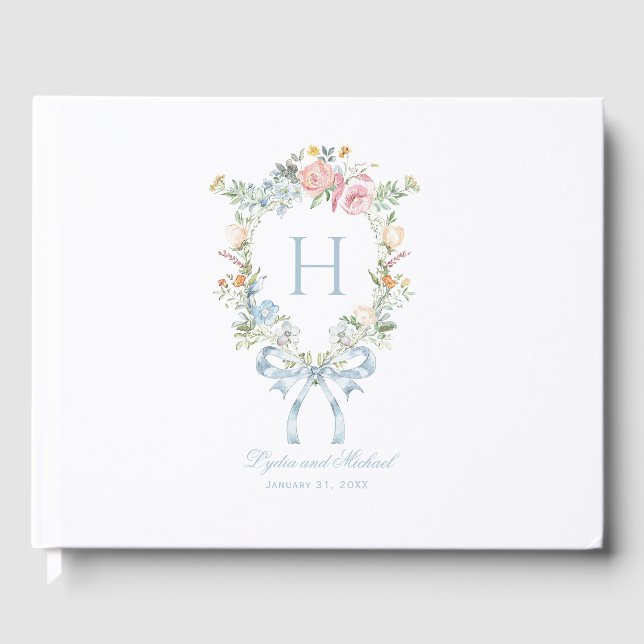 Elegant Floral Wreath Crest Monogram Wedding Guest Book (Front)