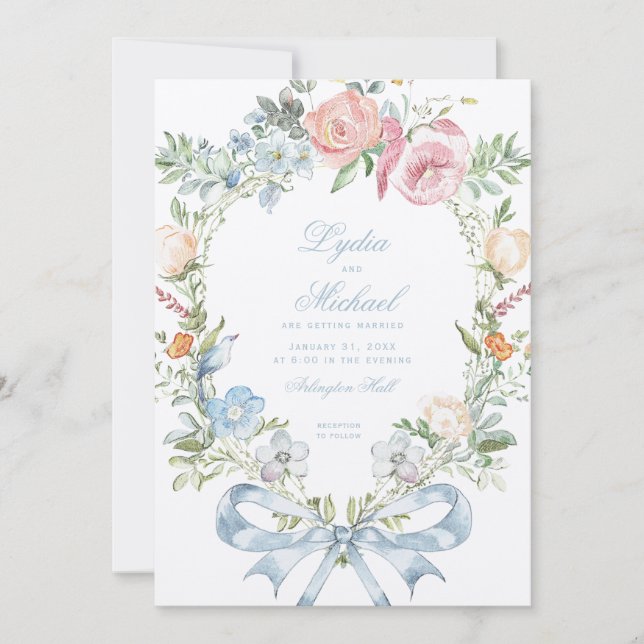 Elegant Floral Wreath Crest | Monogram Wedding Invitation (Front)