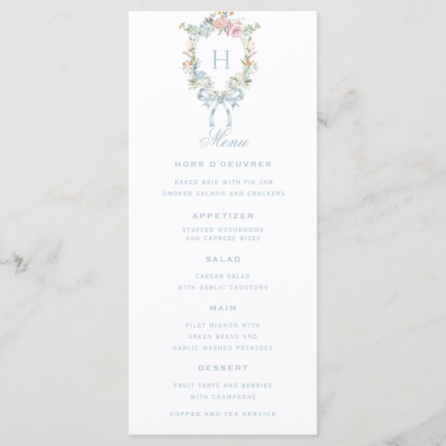 Elegant Floral Wreath Crest Monogram Wedding  Menu (Front)