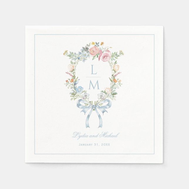 Elegant Floral Wreath Crest Monogram Wedding Napkin (Front)