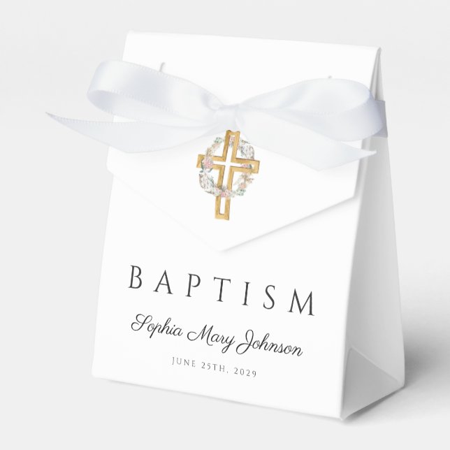 Elegant Floral Wreath Cross Baptism Favour Box (Front Side)
