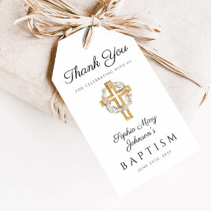 Elegant Floral Wreath Cross Baptism Gift Tags