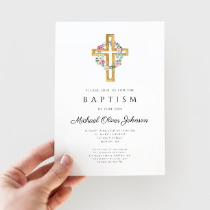 Elegant Floral Wreath Cross Baptism  Invitation