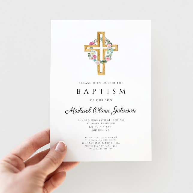 Elegant Floral Wreath Cross Baptism  Invitation (Creator Uploaded)