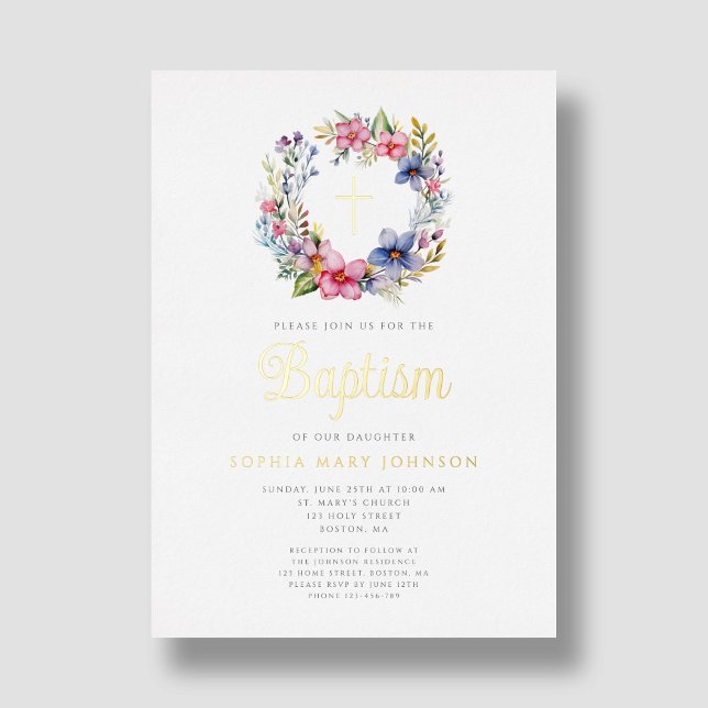 Elegant Floral Wreath Cross Girl Baptism Gold (Elegant Floral Wreath Cross Girl Baptism Gold Foil Invitation)