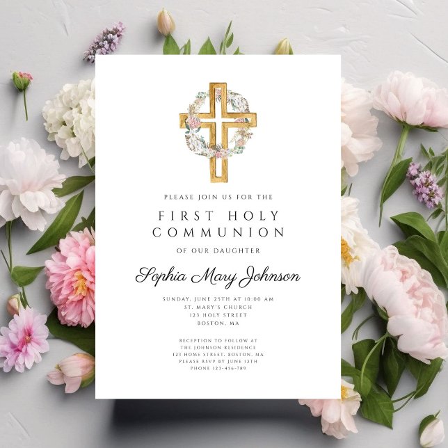 Elegant Floral Wreath Cross Girl First Communion Invitation (Elegant Floral Wreath Cross Girl First Communion Invitation)