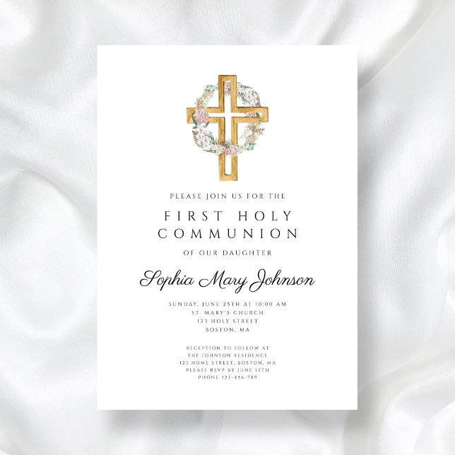Elegant Floral Wreath Cross Girl First Communion Invitation (Elegant Floral Wreath Cross Girl First Communion Invitation)
