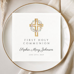 Elegant Floral Wreath Cross Girl First Communion Napkin