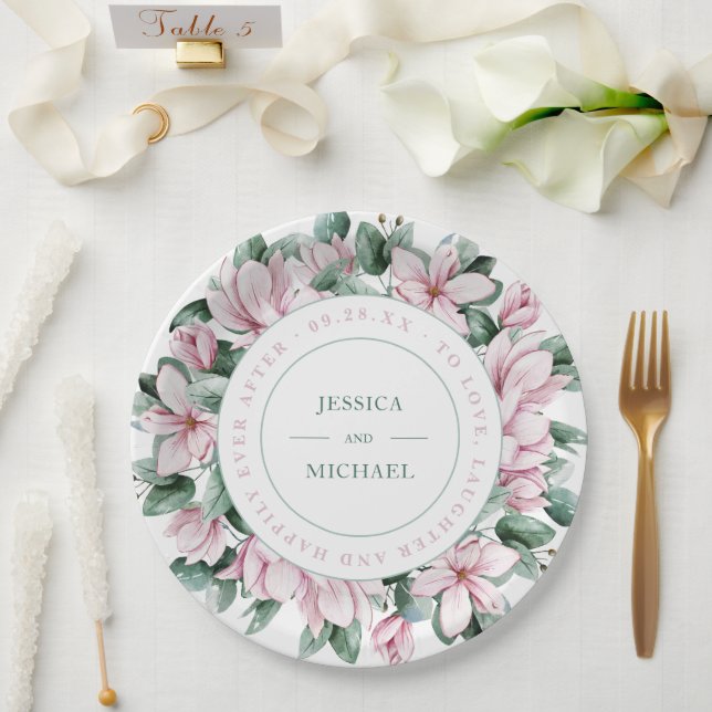 Elegant Floral Wreath Dusty Pink Magnolia Wedding Paper Plate (Wedding)