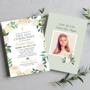 Elegant Floral Wreath First Communion Green Gold Invitation