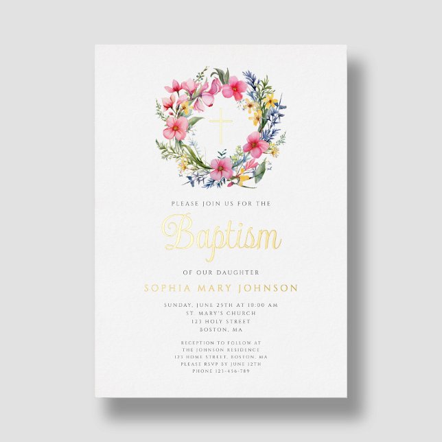 Elegant Floral Wreath Girl Baptism Gold (Elegant Floral Wreath Girl Baptism Gold Foil Invitation)