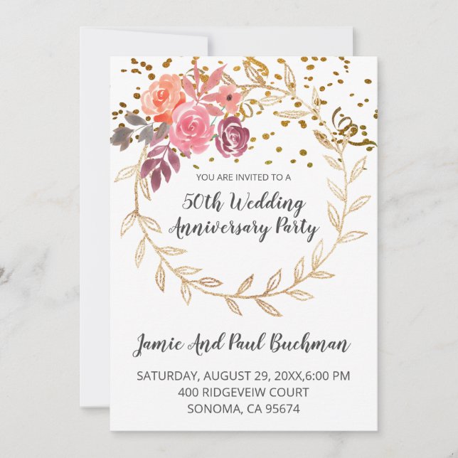 Elegant Floral Wreath Glitter Wedding Anniversary Invitation (Front)