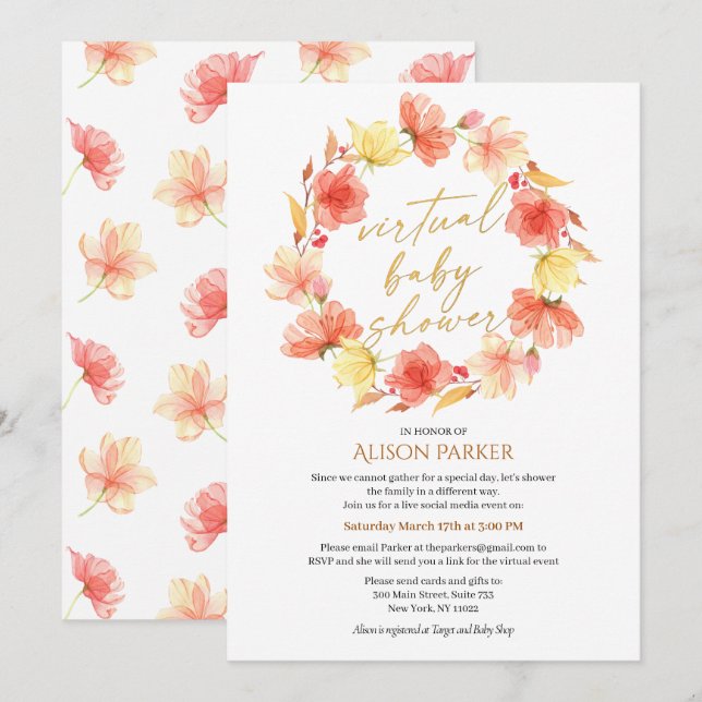 Elegant Floral Wreath Gold Script Watercolor Invitation (Front/Back)