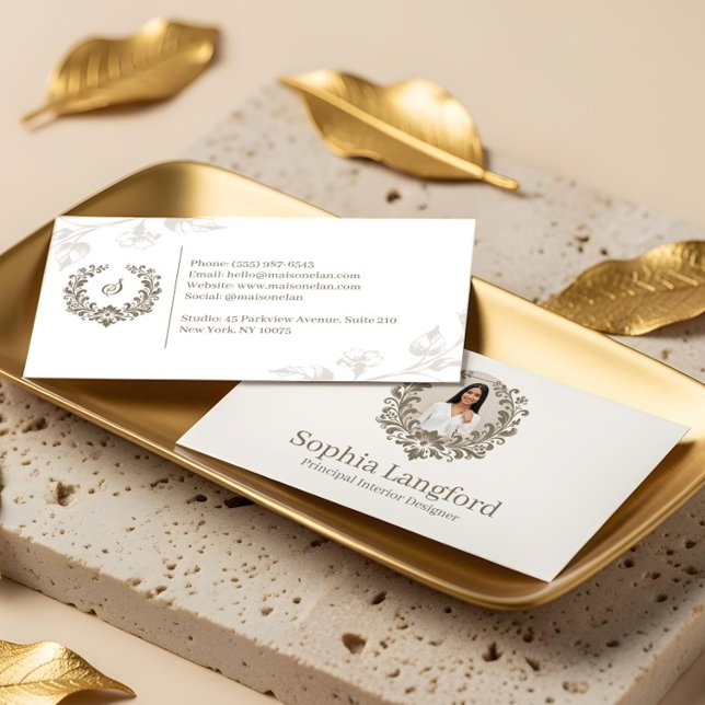 Elegant Floral Wreath Luxury Sophisticated Photo Business Card (Elegant Floral Wreath Luxury Sophisticated Photo Business Card)
