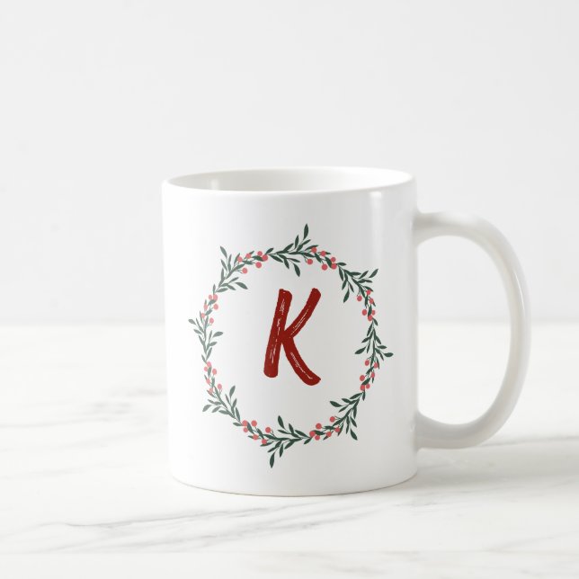 Elegant  Floral Wreath Monogram Initial Christmas  Coffee Mug (Right)