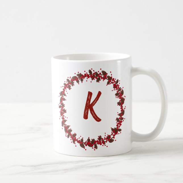 Elegant  Floral Wreath Monogram Initial Christmas  Coffee Mug (Right)