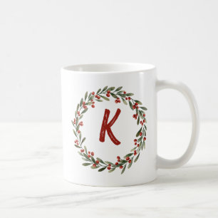 Elegant Floral Wreath Monogram Initial Christmas Coffee Mug