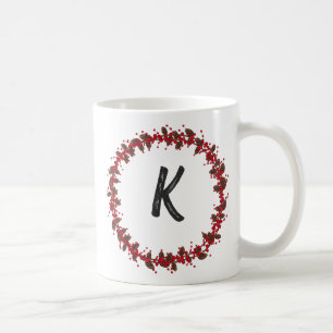Elegant Floral Wreath Monogram Initial Christmas Coffee Mug