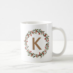 Elegant Floral Wreath Monogram Initial Christmas Coffee Mug