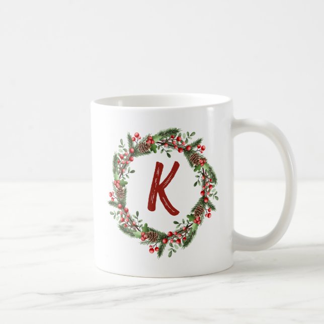 Elegant  Floral Wreath Monogram Initial Christmas  Coffee Mug (Right)