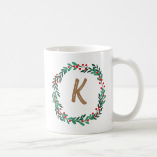 Elegant Floral Wreath Monogram Initial Christmas Coffee Mug