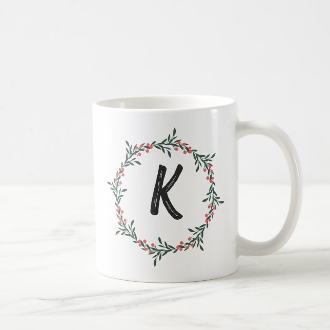 Elegant  Floral Wreath Monogram Initial Christmas  Coffee Mug (Right)