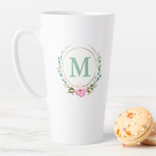 Elegant Floral Wreath Monogram Pink Rose Latte Mug