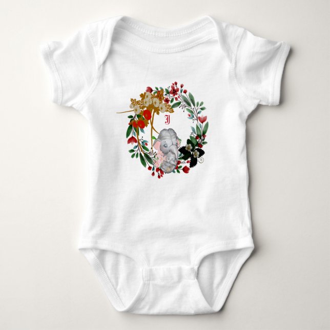 Elegant Floral Wreath Monogram Watercolor Elephant Baby Bodysuit (Front)