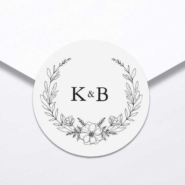 Elegant Floral Wreath Monogram Wedding Classic Round Sticker (Creator Uploaded)