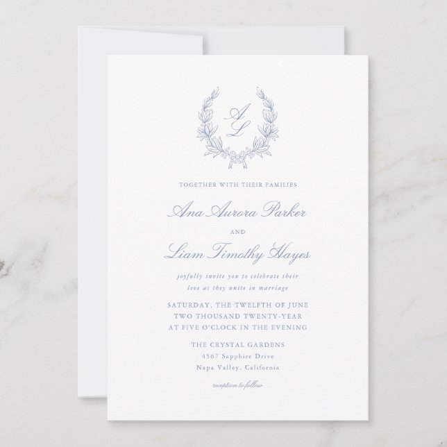 Elegant Floral Wreath Monogram Wedding Invitation (Front)