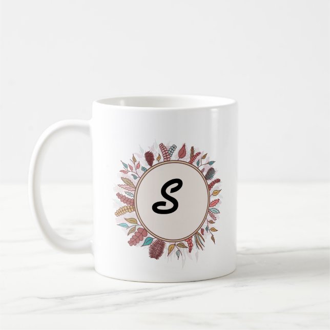 Elegant Floral Wreath Monogrammed Coffee Mug (Left)