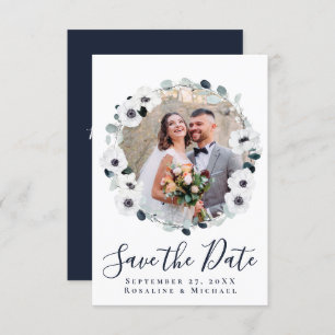 Elegant Floral Wreath Navy Blue Save the Date Invitation
