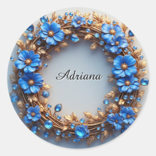 Elegant Floral Wreath of Blue and Golden Elements Classic Round Sticker