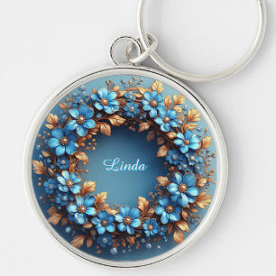 Elegant Floral Wreath of Blue and Golden Elements Key Ring
