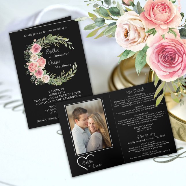 Elegant Floral Wreath on Black w/ Details Wedding Invitation (Creator Uploaded)