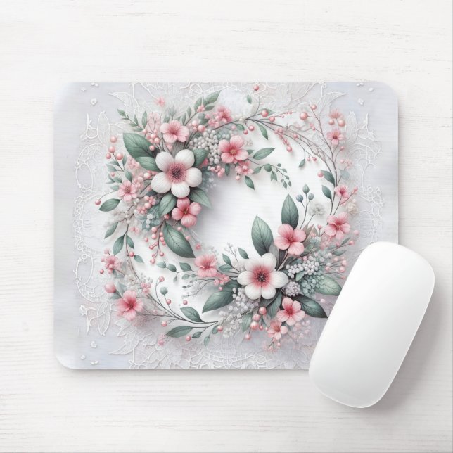 Elegant Floral Wreath On White Bridal Lace Mouse Pad (With Mouse)