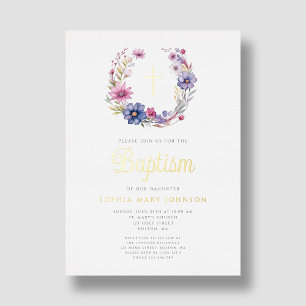 Elegant Floral Wreath Religious Cross Girl Baptism