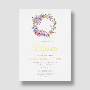 Elegant Floral Wreath Religious Girl Baptism Gold