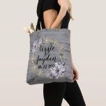 Elegant Floral Wreath Rustic Wedding Tote Bag<br><div class="desc">On rustic grey wood is an elegant chic gold flourish combined with a lavender floral wreath where you can personalise it creating romantic farmhouse elegance</div>