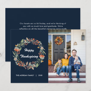 Elegant Floral Wreath Thanksgiving Photo Holiday Card