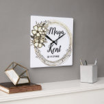 Elegant Floral Wreath  Wedding   Square Wall Clock<br><div class="desc">On this stylish coaster is an elegant gold floral hibiscus wreath where you can customise it. Perfect for any engagement or wedding party dessert.  Part of the stylish trendy wedding gifts collection.</div>