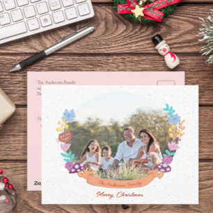 Elegant Floral Wreath White Christmas Photo Holiday Postcard