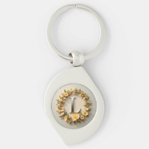 Elegant Floral Wreath with Golden Letter L Key Ring