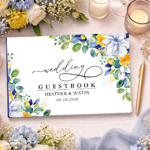 Elegant floral yellow and blue watercolor wedding guest book