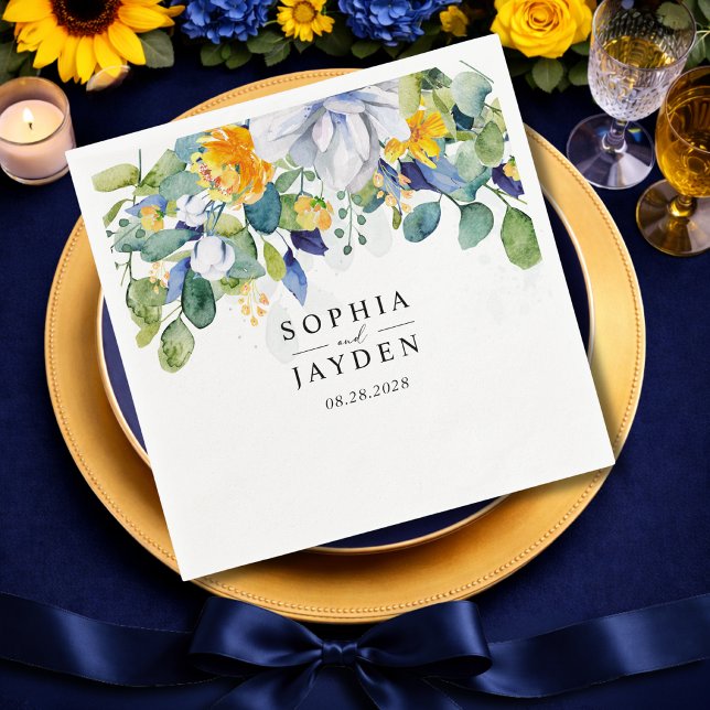 Elegant floral yellow and blue watercolor wedding napkin (Creator Uploaded)